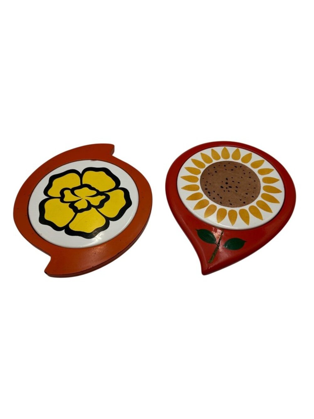 Vintage Floral Trivet Set Mid-Century Modern Kitchen Decor Red & Yellow Accents